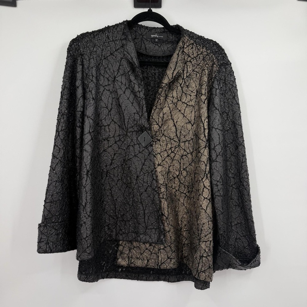 Yushi Coatigan Womens Large Black Mesh Geometric Collared Button Art Shiney